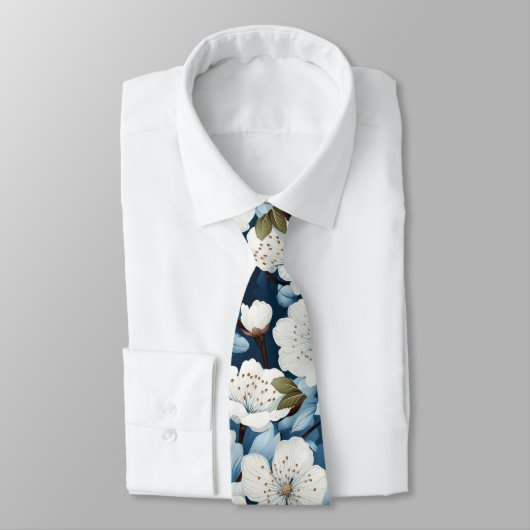 Elegant Blauw Wit Bloesem Werk Bruiloft Hals Stropdas (Gebonden)