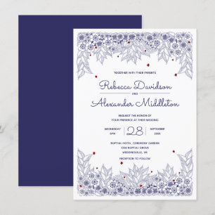 Elegant Blauw Wit Bruiloft Uitnodiging