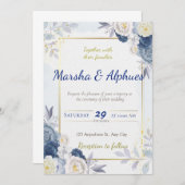 Elegant Blauw, Wit, en Goud Bloemen Bruiloft Invit Kaart (Voorkant / Achterkant)