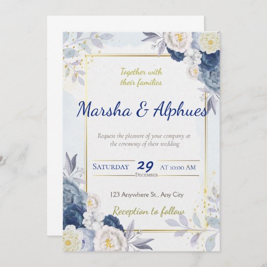 Elegant Blauw, Wit, en Goud Bloemen Bruiloft Invit Kaart (Voorkant / Achterkant)