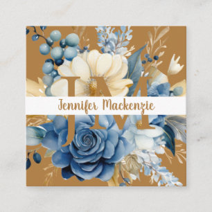 Elegant Blauw Wit en Gouden Bloemmotief Vierkante Visitekaartje