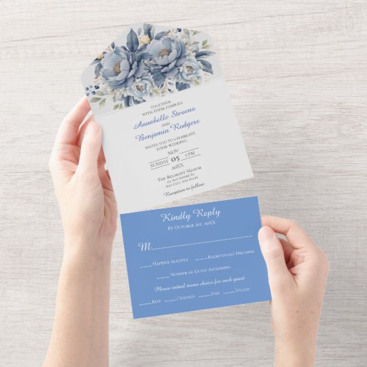 Elegant Blauw Wit en Grijs Bloemen Bruiloft All In One Uitnodiging (Afscheurbaar)