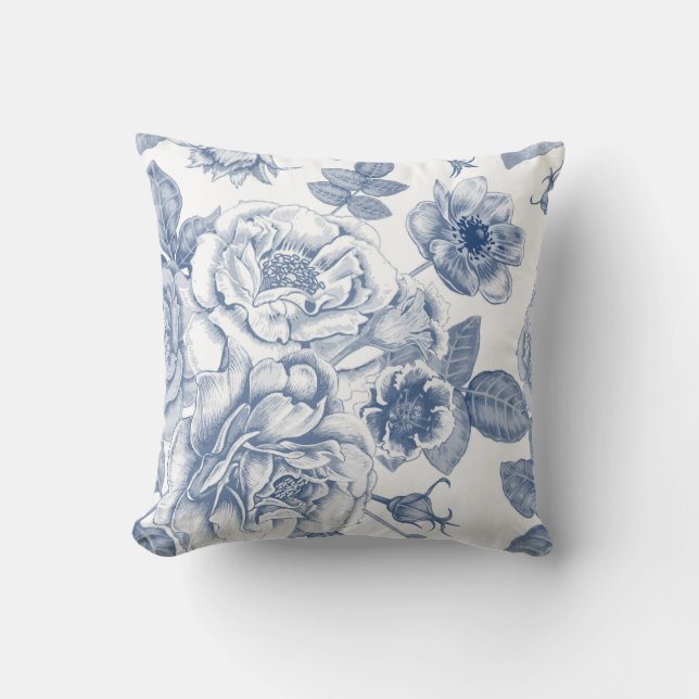 Elegant blauw wit  floraal decor kussen (Voorkant)