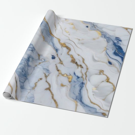 Elegant blauw wit goud marmer graniet patroon cadeaupapier (Uitgerold)