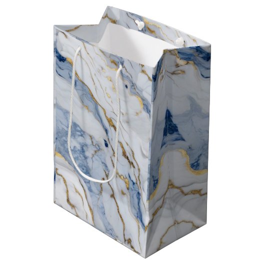Elegant blauw wit goud marmer graniet patroon medium cadeauzakje (Voorkant Gekanteld)