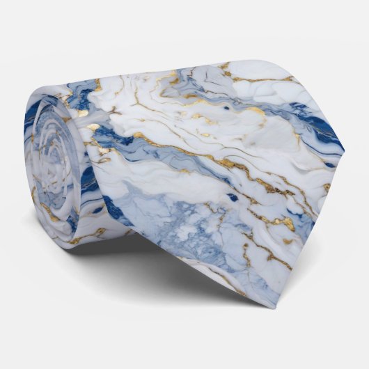 Elegant blauw wit goud marmer graniet patroon stropdas (Opgerold)