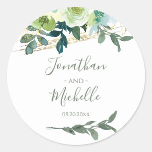 Elegant Blauw Wit Goud Turquoise Bloemenbruiloft Ronde Sticker