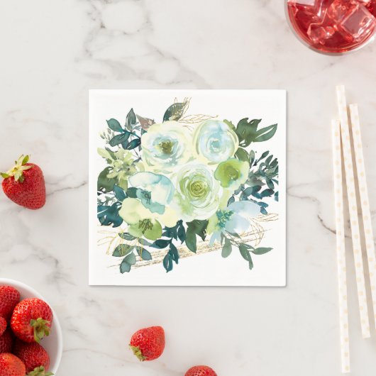 Elegant Blauw Wit Goud Turquoise Bloemenbruiloft Servet (Insitu)