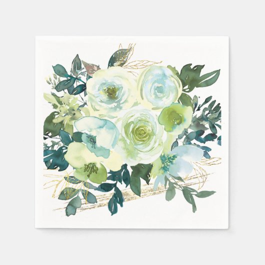 Elegant Blauw Wit Goud Turquoise Bloemenbruiloft Servet (Voorkant)