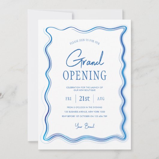 Elegant Blauw & Wit Hand getrokken Logo Grand Open Kaart (Voorkant)