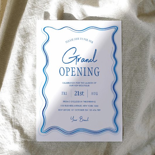 Elegant Blauw & Wit Hand getrokken Logo Grand Open Kaart