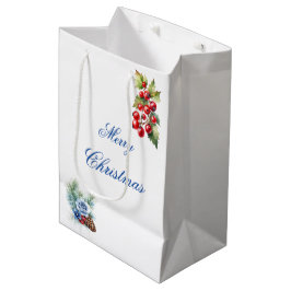 Elegant Blauw Wit Holly Bessen Vrolijk Kerstfeest Medium Cadeauzakje