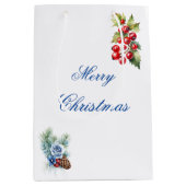 Elegant Blauw Wit Holly Bessen Vrolijk Kerstfeest Medium Cadeauzakje (Voorkant)