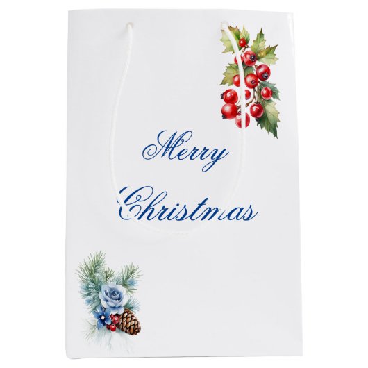 Elegant Blauw Wit Holly Bessen Vrolijk Kerstfeest Medium Cadeauzakje (Voorkant)