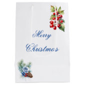 Elegant Blauw Wit Holly Bessen Vrolijk Kerstfeest Medium Cadeauzakje (Achterkant)