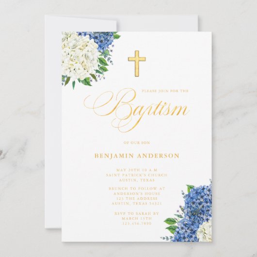 Elegant Blauw Wit Hydrangeas Goud Kruis Doop Kaart (Voorkant)