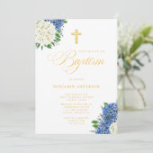 Elegant Blauw Wit Hydrangeas Goud Kruis Doop Kaart (Staand voorkant)