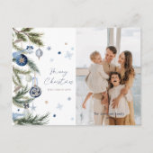 Elegant blauw wit kerst ornament foto feestdagenkaart (Voorkant)