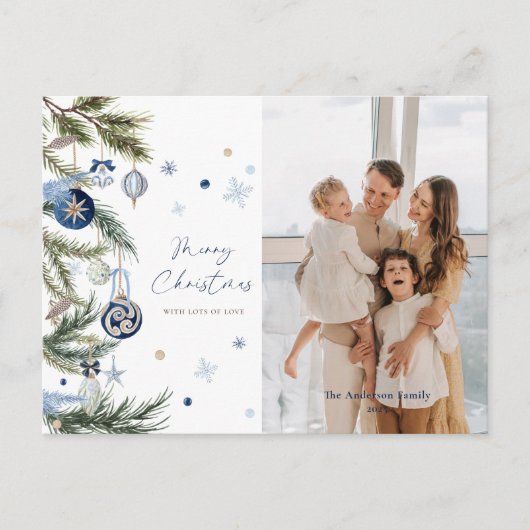 Elegant blauw wit kerst ornament foto feestdagenkaart (Voorkant)