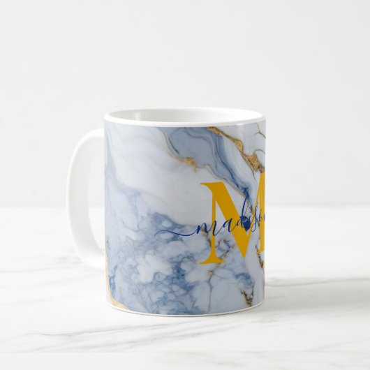 Elegant blauw wit maïs goud marmer graniet koffiemok (Voorkant links)
