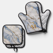 Elegant blauw wit maïs goud marmer graniet ovenwant & pannenlap set (Voorkant / Achterkant)