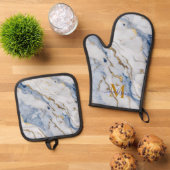 Elegant blauw wit maïs goud marmer graniet ovenwant & pannenlap set (Top down)