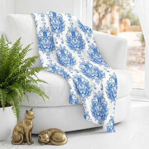 Elegant blauw wit mediterraan damast patroon fleece deken