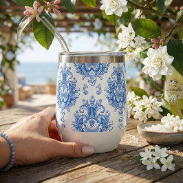 Elegant blauw-wit mediterraan damastpatroon