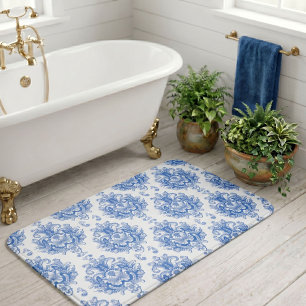 Elegant blauw wit mediterraan damastpatroon badmat