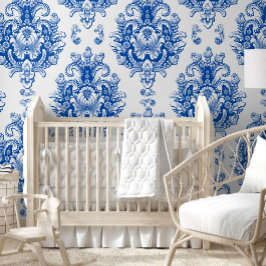 Elegant blauw-wit mediterraan damastpatroon behang