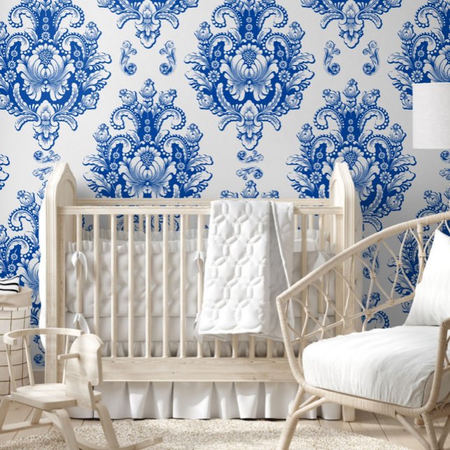 Elegant blauw-wit mediterraan damastpatroon behang (Creator heeft geüpload)