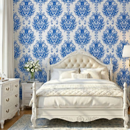 Elegant blauw-wit mediterraan damastpatroon behang
