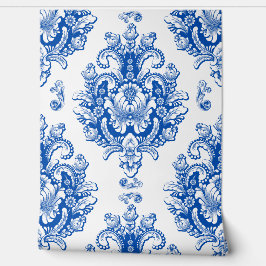 Elegant blauw-wit mediterraan damastpatroon behang
