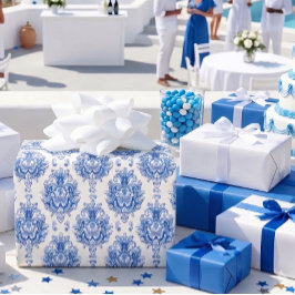 Elegant blauw-wit mediterraan damastpatroon cadeaupapier