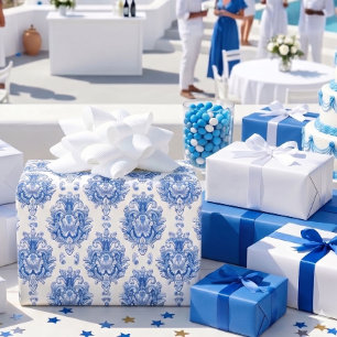 Elegant blauw-wit mediterraan damastpatroon cadeaupapier