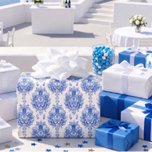 Elegant blauw-wit mediterraan damastpatroon cadeaupapier