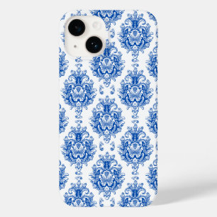 Elegant blauw-wit mediterraan damastpatroon Case-Mate iPhone 14 hoesje