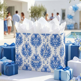 Elegant blauw-wit mediterraan damastpatroon groot cadeauzakje
