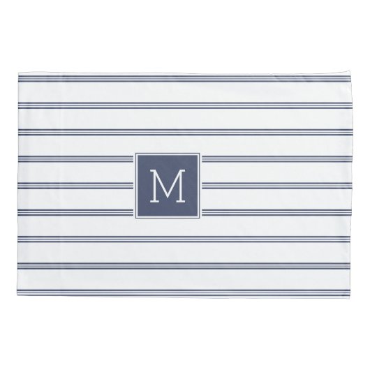 Elegant Blauw & Wit Moderne Gestreepte Monogrammed Kussensloop (Achterkant)