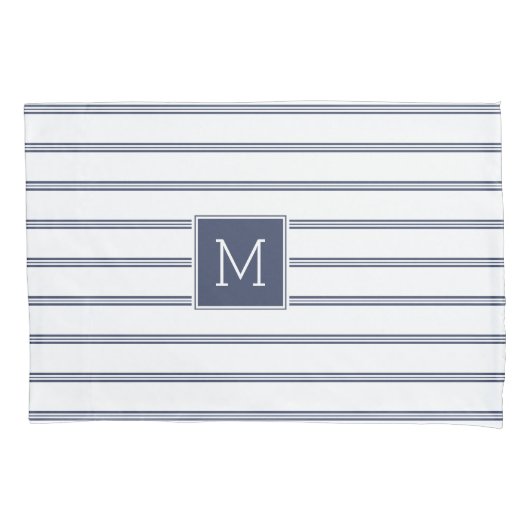 Elegant Blauw & Wit Moderne Gestreepte Monogrammed Kussensloop (Voorkant)