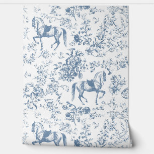 Elegant Blauw Wit Paard Bloemenpatroon Behang