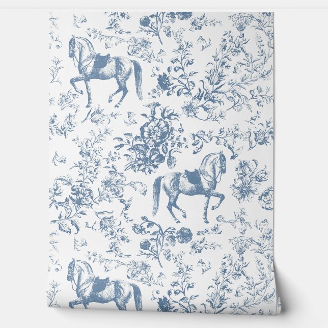 Elegant  Blauw Wit Paard Bloemenpatroon Behang (Afrollen)