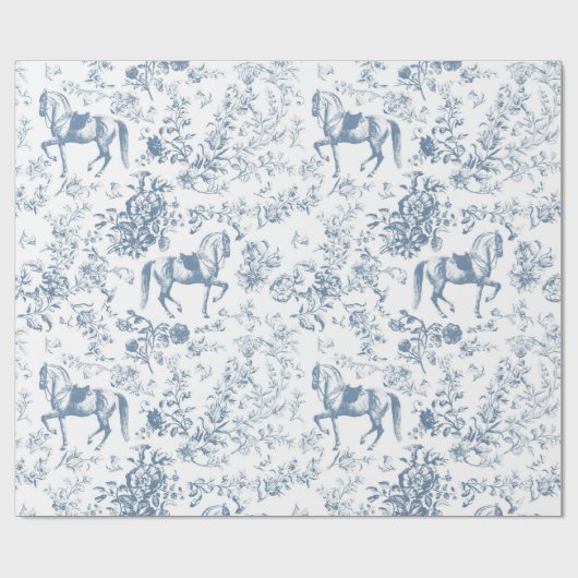 Elegant  Blauw Wit Paard Bloemenpatroon Cadeaupapier (Vlak)