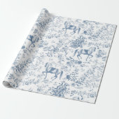 Elegant  Blauw Wit Paard Bloemenpatroon Cadeaupapier (Uitgerold)