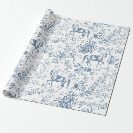 Elegant Blauw Wit Paard Bloemenpatroon Cadeaupapier