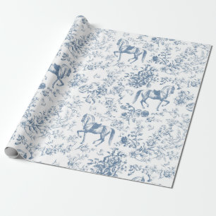 Elegant  Blauw Wit Paard Bloemenpatroon Cadeaupapier