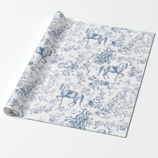 Elegant  Blauw Wit Paard Bloemenpatroon Cadeaupapier (Uitgerold)