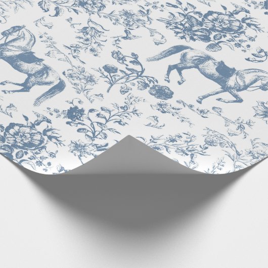 Elegant  Blauw Wit Paard Bloemenpatroon Cadeaupapier (Hoek)