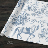 Elegant  Blauw Wit Paard Bloemenpatroon Cadeaupapier