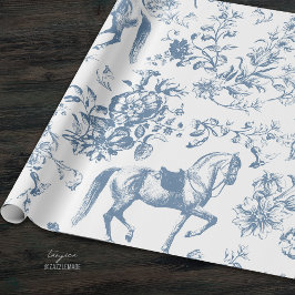 Elegant Blauw Wit Paard Bloemenpatroon Cadeaupapier